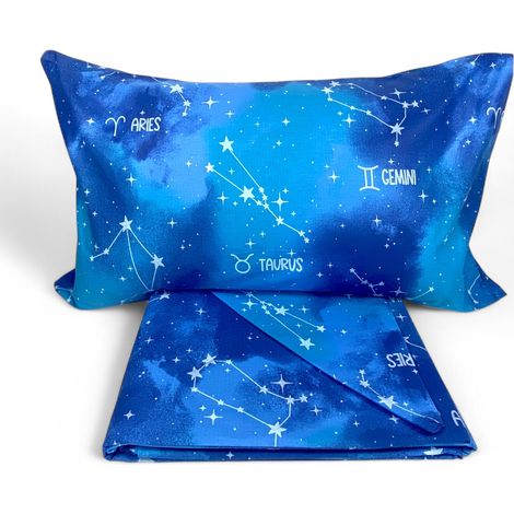Copripiumino “Tempo di Dormire” Blu - Segni Zodiacali - Cotone 100% Made in Italy - Artigianale Cm. 155X200 (1/5)