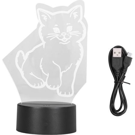 Jeffergarden Lampe LED 3D en forme de chat, couleurs réglables, lumière -DOUce et chaude, sre, Durable, opération facile, USB ou batterie, veilleuse 3D-DOU