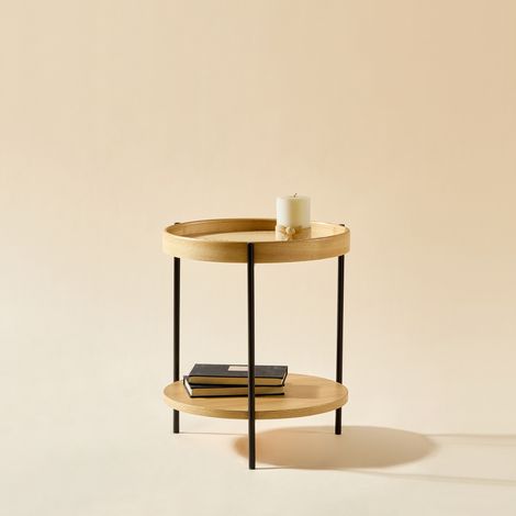 Table basse ronde 44 x 44 x 48 cm naturelle à 2 niveaux, bois et métal, montage simple, MEUBLIV (1/5)