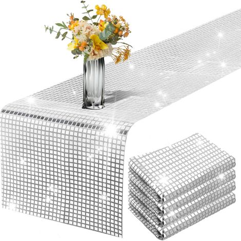 Chemin de table de fête disco à paillettes argentées - 30,5 x 274,3 cm - Décorations de fête d'anniversaire sur le thème des années 70 et 80 - Nappe de table de mariage (1/5)