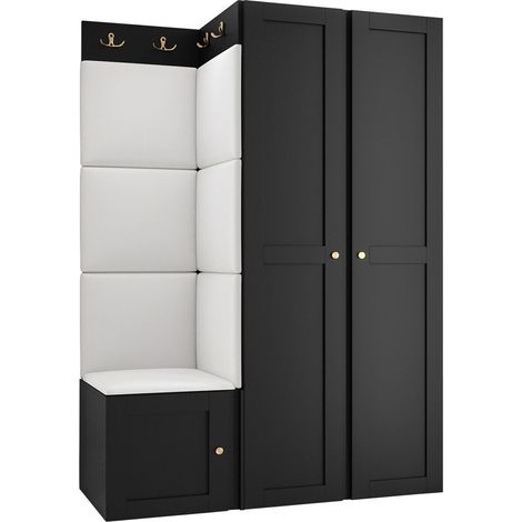 Meuble d'entrée Hartford 379, Noir, 186x116x46cm, MDF, Stratifié, Faux cuir, Murale, À poser