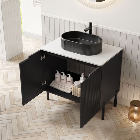 Waschtisch Keramik, MDF & Sinterstein Schwarz/Weiß, 76 cm, freistehend mit 2 Türen und Soft-Close