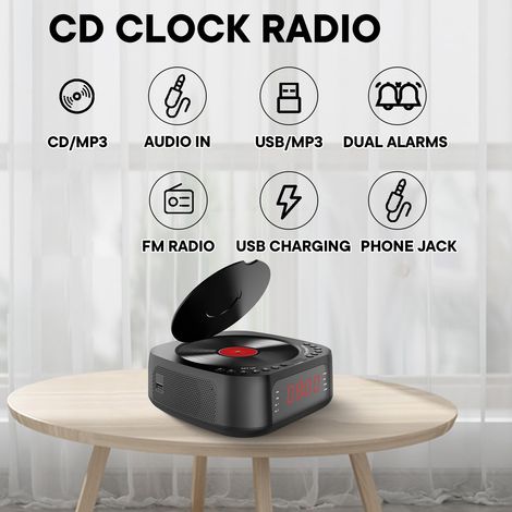 Sveglia con lettore CD e telecomando, radiosveglia Bluetooth con altoparlante, radio FM, timer e display LED, boombox compatibile con CD, Bluetooth, chiavetta USB, AUX (spina UE) (1/4)