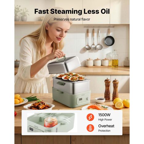 Cuiseur Vapeur Électrique 13 L Cuit Vapeur 2 Niveaux en Inox Vert, Pour 3 à 6 Portions Légumes Fruits de Mer Riz Cuisson, 1500 W, 9… (1/5)