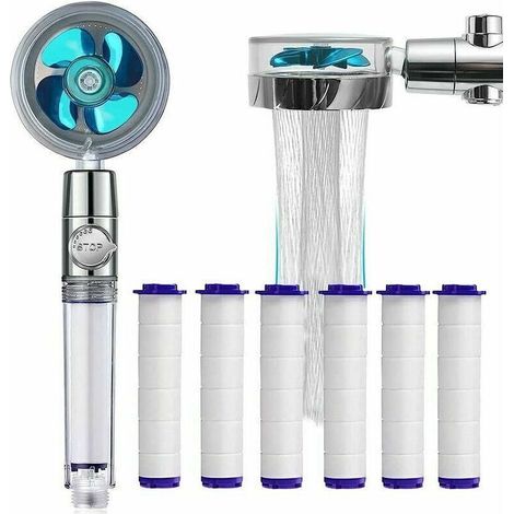 Doccia manuale a risparmio idrico con filtro anticalcare - Soffione girevole a 360° - 6 elementi filtranti in cotone PP (Blu) (1/4)