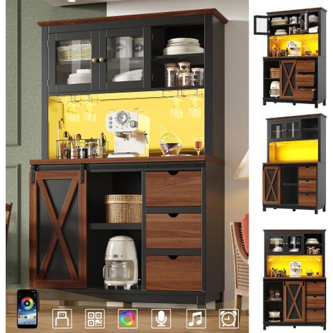 Buffet Haut Moderne Noir 104×40×180cm à Porte Coulissante Style Barn Door, Éclairage LED RGB Pilotable par Application, 3 Tiroirs et Étagères Ajustables (1/5)