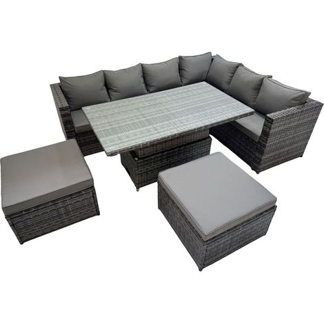 Fimous 8 Seater Rattan Height Adjustable Rising Lifting Table Corner Sofa Sets with 2 Big Footstools Dark Grey Mixed (1/5)