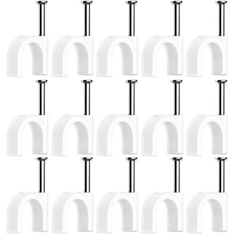 100 Pièces Cavalier Cable Electrique,Fixation Cable Electrique,Attache Fil Electrique,Attache Cable Mural,Clips de Cable,avec Clou en Acier,pour Fixation de Câble,Blanc (6mm) (1/5)