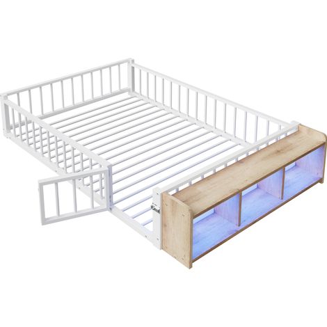 Cama infantil de metal con barrera de seguridad, almacenaje abierto y LED, 140 x 200 cm, blanca (1/5)