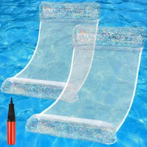 2-teiliges Set aufblasbarer Poolmatratzen mit Pailletten, Luftkissen auf dem Wasser, schwimmendes Hängemattennetz, transparente Boje - (1/5)
