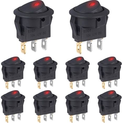 10 pcs Interrupteur 12V 20A Voyant Lumineux LED Rouge Interrupteurs à Bascule Rond 12 Volts ON/OFF 2Positions Marche/Arret 3Broches (1/5)
