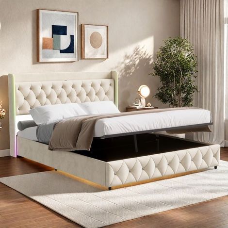 Beleuchtetes Bett 160x200 cm - TANANT - Beige - Integrierte LED - Hydraulische Aufbewahrung - Samtstoff