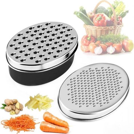 Grattugia per formaggio in acciaio inox con contenitore ermetico. Permette di grattugiare finemente parmigiano e verdure. Include una superficie per grattugiare scorza di limone e burro. (1/5)