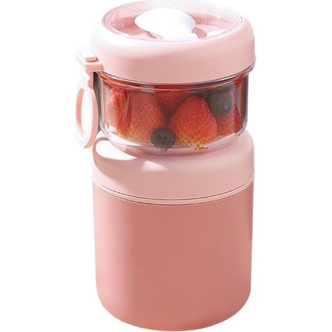 Mug pour le petit-déjeuner - Pot à flocons d'avoine - Boîte à céréales et fruits - Bol pour flocons d'avoine - Avec cuillère - Rose (1/5)
