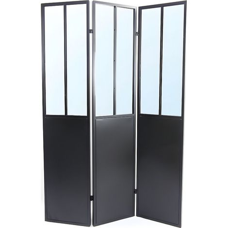 Vente-Unique – Paravent miroir noir 3 panneaux – Métal – H. 180 cm x L. 122 cm – Finition mate – Style industriel (1/2)