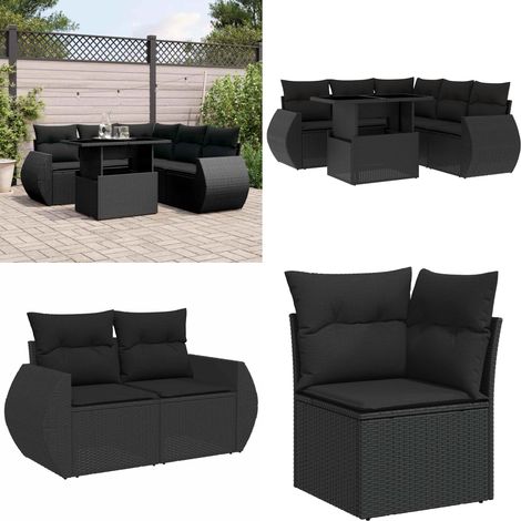 6-tlg. Garten-Sofagarnitur mit Kissen Schwarz Poly Rattan - Gartenmöbel Set - PE-Rattan Möbel - Outdoor Lounge - Gartenecke - Sofasitzgruppe - Home & Living (1/5)
