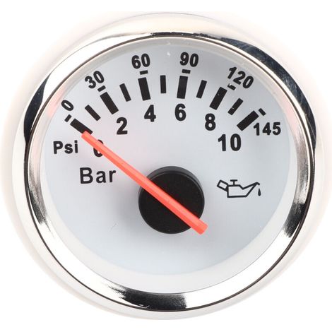 2-inch oil pressure gauge, 0-10 bar, 145 psi, LED backlit dial instrument for car, motorcycle, boat, truck, 12V/24V, white and silver frame (1/5)