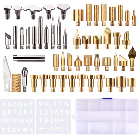 Lot de 57 accessoires pour pyrogravure : pointes, lames et mandrin, adaptateur, pochoirs, boîte transparente pour stylo pyrograveur, gravure, embossage et loisirs créatifs