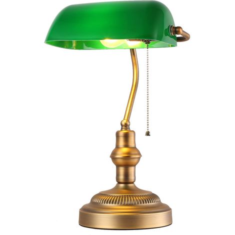 Lampe de bureau de style banquier rétro Barcelonaled et lampe de bureau avec parallème en verre vert et en laiton, adapté aux ampoules LED E27, tête de salon