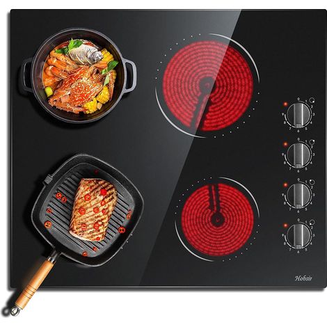 Hobsir Plaque Vitrocéramique 6000W, plaque de cuisson vitroceramique 4 feux, 9 Niveaux de Puissance, 4 zones de cuisson, surface en verre noir poli 59 cm, bouton de commande, fil dur, pas de prise (1/5)
