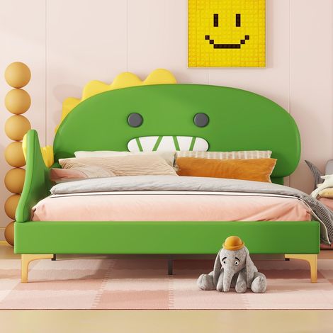 Letto bambini capitonné 140x200 cm, tessuto similpelle, con testata a forma di dinosauro, rete a doghe, per adolescenti e adulti - verde