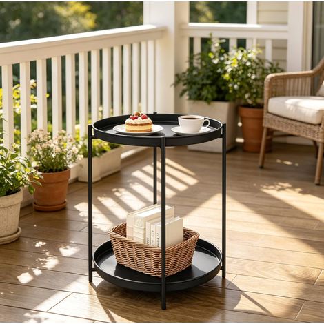 Tavolino rotondo 44x44x53 cm nero in metallo con 2 ripiani removibili (1/5)