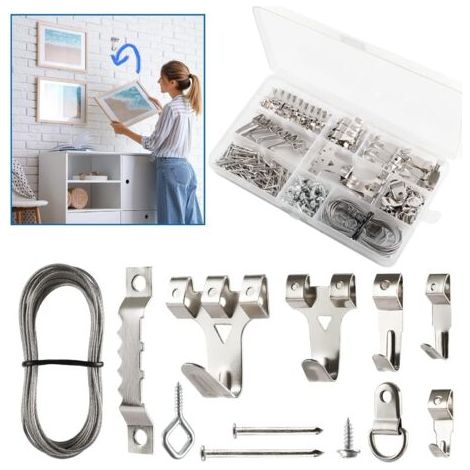 250 Pièces Argent Crochet Tableau, Crochet Pour Cadre Photo, crochet cadre, Kit de suspension de tableaux avec Vis, Clous, Anneau en D et œil à Vis, cintres en Dent de Scie, câble d'acier (1/5)