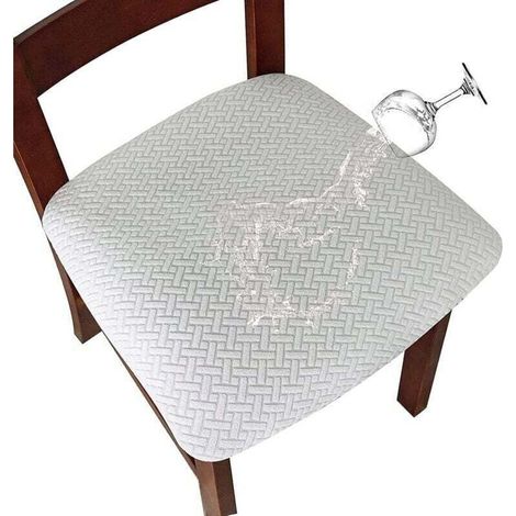 4 pièces Housse de ChaiseHousse de Coussin de Chaise Housse de siège de Chaise imperméable Démontable Housse Assise Chaise Elastique Jacquard Lavables pour Salle à Mange (Blanc, 4) (1/4)