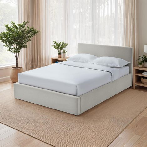 M&S – Lit coffre 160x200 cm en velours côtelé beige – Sommier à lattes en contreplaqué – Tête rectangulaire – Rangement intégré