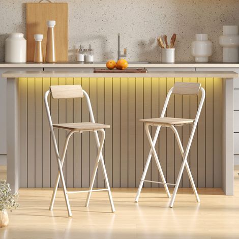Lot de 2 tabourets de bar pliables avec dossier et repose-pieds. cadre en acier. 87 cm de effet haut. bois naturel