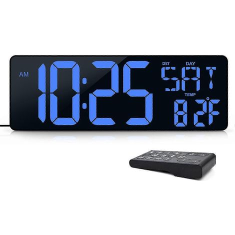 Horloge murale numérique LED de 16,5 pouces avec fonction de compte à rebours de la date et de la température, livrée avec télécommande réglable, bleue. (1/5)