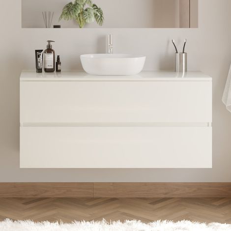 Meuble de salle de bain 120cm avec plateau et vasque à poser arrondie - 2 tiroirs - sans miroir - blanc brillant - IDA (1/5)