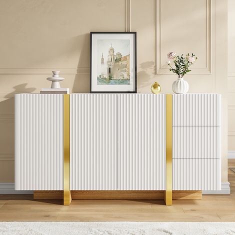 Credenza bianca 140x36x75cm - mobile soggiorno con 3 ante e 3 cassetti - madia moderna con scanalature verticali e dettagli dorati e base effetto legno per ingresso e cucina (1/5)