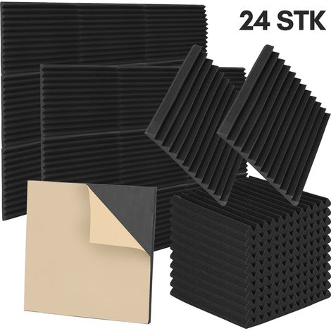 Wolketon 24 pannelli acustici adesivi, scanalature triangolari 30 x 30 x 2.5 cm, pannelli fonoassorbenti per un efficace isolamento acustico, colore nero (1/5)