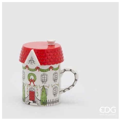 EDG, TAZZA A FORMA DI CASETTA IN CERAMICA, H13XØ9CM, VERDE E ROSSO, NATALE, DECORAZIONI DI NATALE
