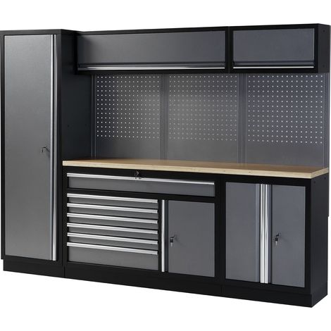 Conjunto de taller modular de 4 módulos con base móvil y superficie de madera ALYCO