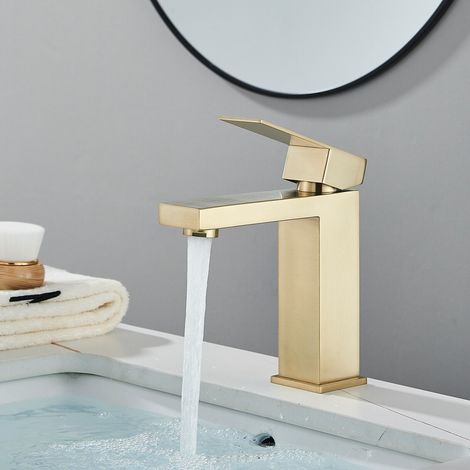 Suguword – Robinet mitigeur lavabo monocommande haut brossé or – Buse cascade anti-éclaboussures – Noyau céramique étanche – Installation facile