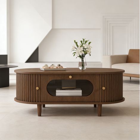 Couchtisch aus MDF in Walnussoptik 100 x 50 cm mit 1 Schublade und Rollladentüren (1/5)