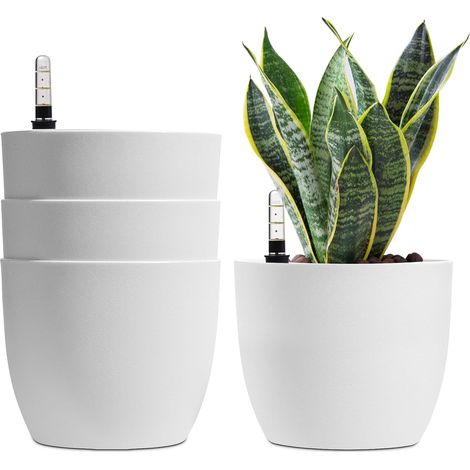 Pots de Fleurs Auto-Arrosants 18 cm Lot de 4 avec Réservoir d’Eau Indicateur de niveau, Usage intérieur et extérieur, Arrosage régulier, Coloris blanc (1/5)