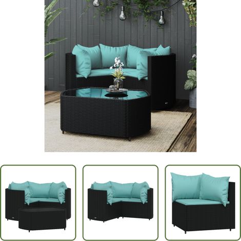 vidaXL Table basse - Salon de jardin 4 pcs avec coussins Noir Résine tressée (1/5)