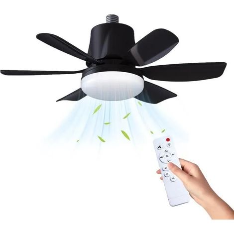Ventilateur plafond LED E27 sans base, 30W, télécommande 3 vitesses, lumière dimmable, moteur silencieux DC, chambre/dortoir – Noir (1/5)