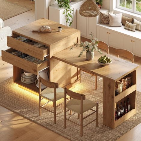 Isla de cocina extensible, mesa bar y carrito de cocina con LED RGB controlable por app, 4 cajones y espacio de almacenamiento, mueble moderno para cocina y comedor, efecto madera (1/5)
