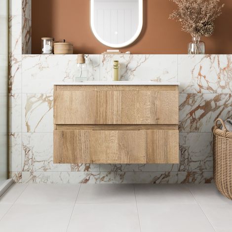 800mm Bathroom Cloakroom Vanity Unit Wall Hung 1 Tap Hole Basin Soft Close Oak (1/5)