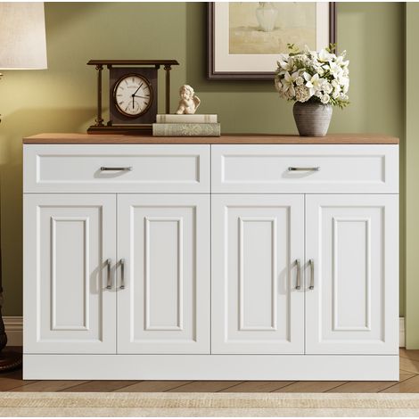 Credenza 120x35x80,5 cm bianco e effetto legno in truciolare con 4 ante, 2 cassetti, ripiani regolabili e chiusura ammortizzata (1/5)