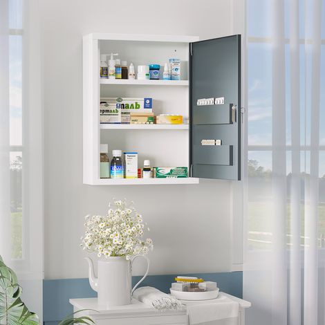 Armoire à pharmacie à 3 étagères avec serrure en acier et clés. 40 x 15 x 53,5 cm. Blanc et gris.