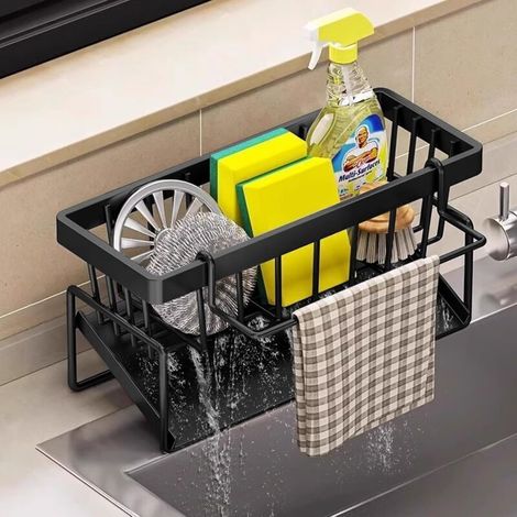 Organizzazione e stoccaggio in cucina, organizer per lavello in acciaio inox con vassoio di scarico automatico per porta spugna, portasciugamani, ottimi accessori per il bagno (1/4)