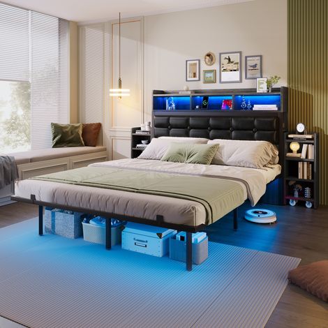 Letto matrimoniale 140/190 cm grigio di metallo con LED e comodini estraibili (1/5)