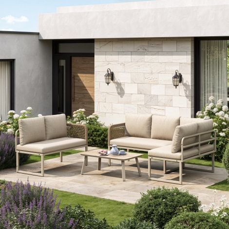 5-6 Seater Garden Furniture Set with Wood-look Tempered Glass Coffee Table, L-Shaped Corner Sofa with Polyester Rope, Weatherproof Outdoor Patio Dining Lounge Set for Balcony and Terrace, Linen, Beige