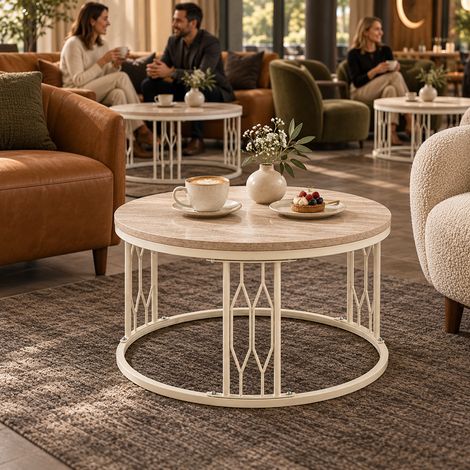 Table basse ronde de 70 cm aspect travertin, structure métal blanc, design géométrique, table de salon avec pieds antidérapants (=W3658P457595) (1/5)