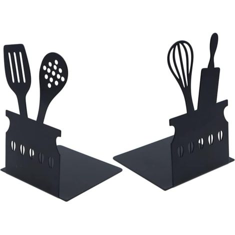 Lot Cuisine-livre, Serre-livres créatif en métal évidé avec tapis antidérapant, forme ustensile, support livre, organiseur de fichiers, rangement bureau, 1 pièce
